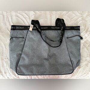 Victoria's Secret Gray Tote with Black Logo Straps and Zipper NWT